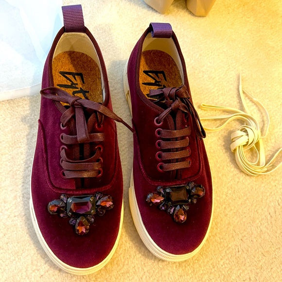 Carolina Herrera x Eytys Velvet Suede Burgundy Jeweled Platform Laced Sneakers - Picture 7 of 13